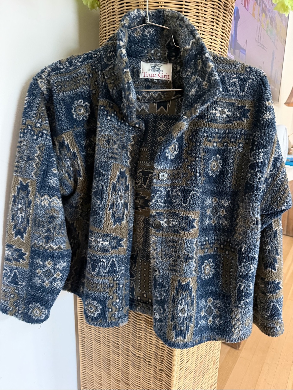 True Grit Blue and Brown Patterned Teddy Jacket